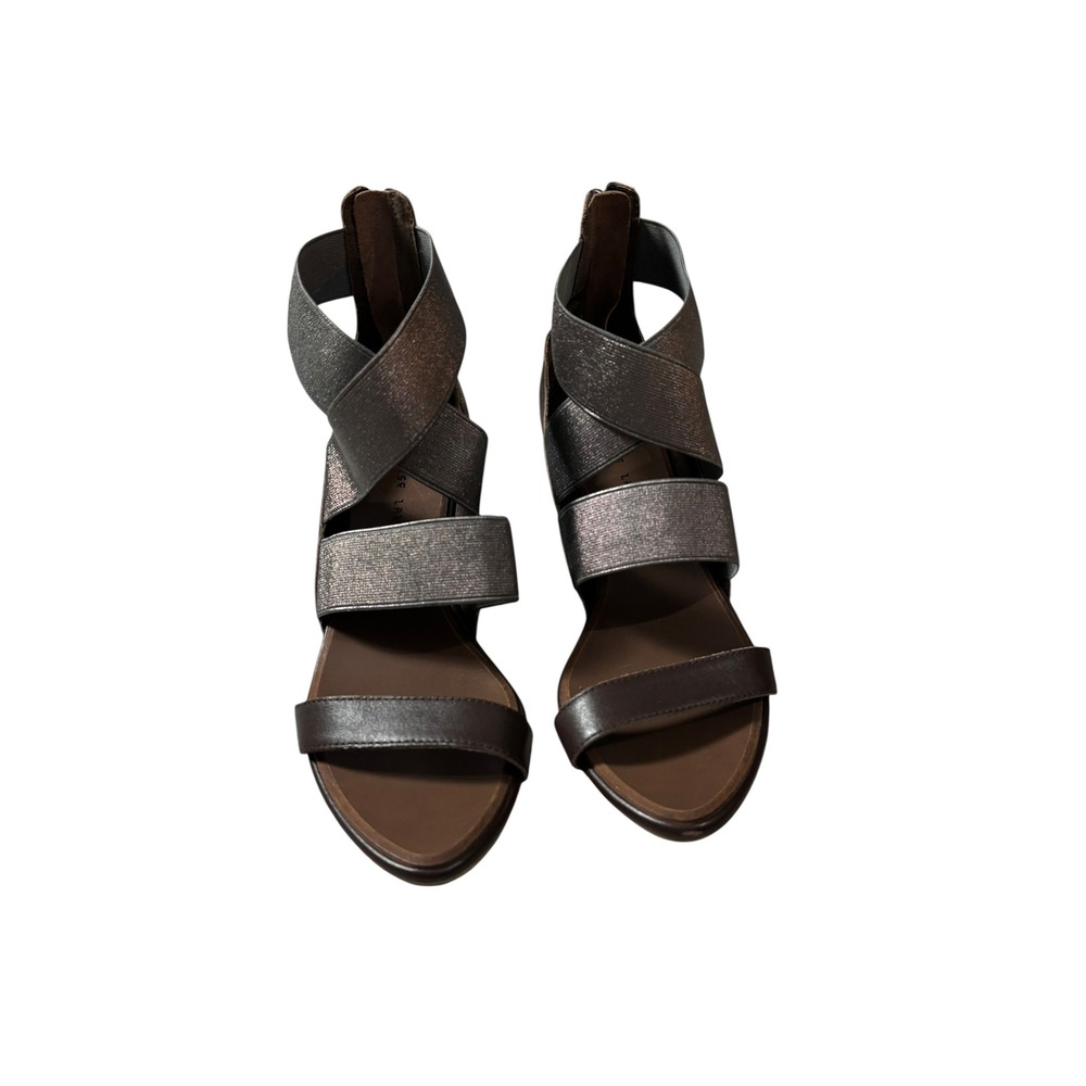 Chinese Laundry Womens 9.5 Metallic Elastic Wedge Sandals Brown Silver Back Zip